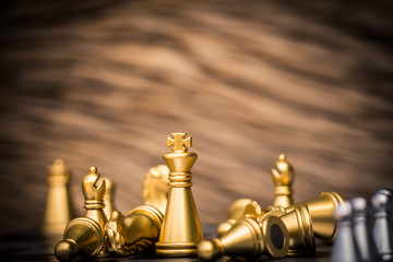Gold and silver King and Knight of chess battle on board . Gold king are leader to fight with...