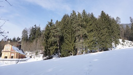 Maria Larch, Terfens, Eggen near Schwaz, Tyrol, Austria - pilgrimage church in winter 2018 with snow