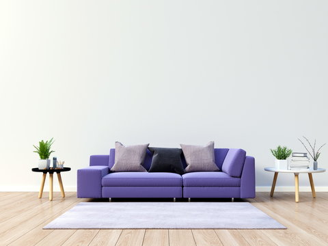 Living room interior with violet sofa in modern empty room ,Ultraviolet design concept ,3D rendering
