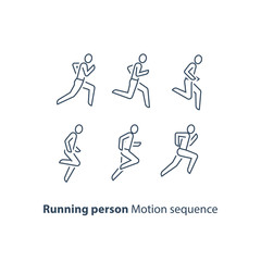 Runner logo, running person line icon, motion sequence set, marathon and triathlon concept