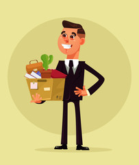 Happy smiling man character have new job. Vector flat cartoon illustration