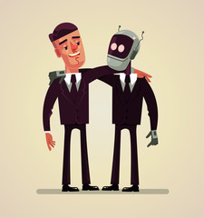 Office worker man and robot best friends. Vector flat cartoon illustration