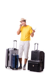 Happy young man going on summer vacation isolated on white
