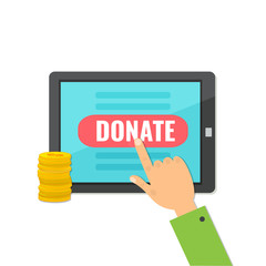 Donate money with computer tablet.