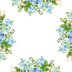 Obraz na płótnie Canvas Vector background frame with blue and white forget-me-not, lily of the valley and plumbago flowers.