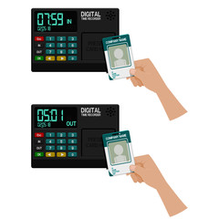 Hand which is registering working time with card on transparent background
