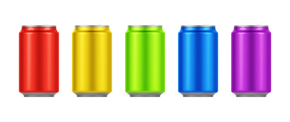 Empty beer tin packing mock up set, isolated. Beverage drink soda can isolated on background. Packaging design template. Plain fizzy pop bank package branding.