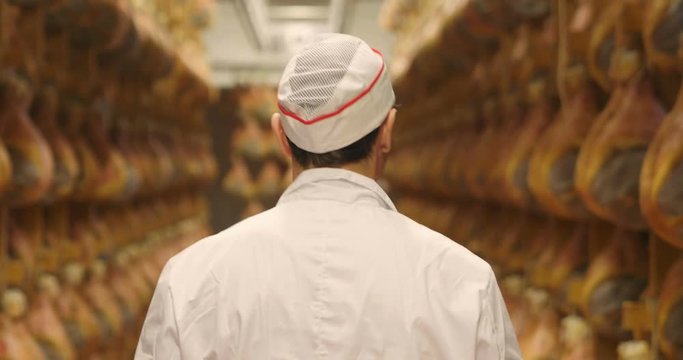 In a ham factory, a man in charge of quality control walks between the hams and controls, the perfume and the certified Italian quality. Concept of: tradition, Italy, food, ham