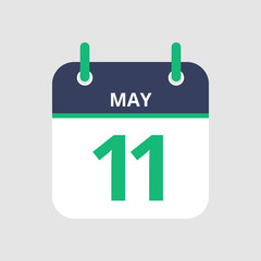 Flat icon calendar 11th of May isolated on gray background. Vector illustration.