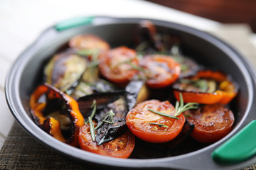 Vegetables grilled pan fried eggplant and tomatoes