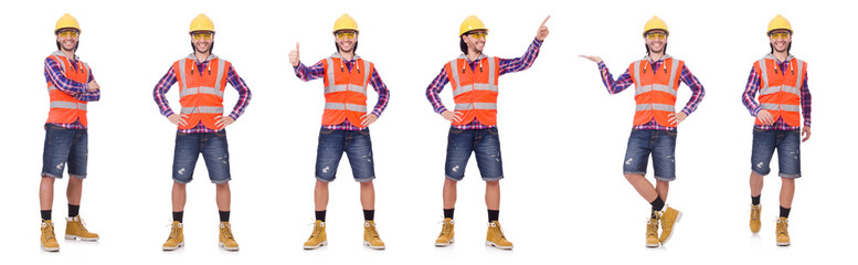 Young construction worker in helmet and briefs isolated on white