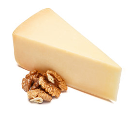 Piece of parmesan cheese on white background