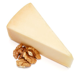 Piece of parmesan cheese on white background