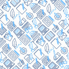 Copywriting seamless pattern with thin line icons: letter, e-mail, book, blogging, hand with pen, feather, typewriter, article, seo. Modern vector illustration.