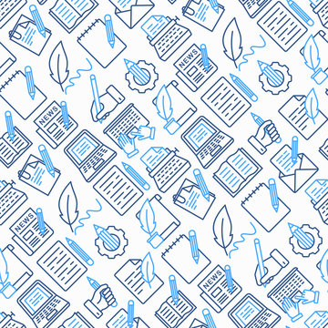 Copywriting seamless pattern with thin line icons: letter, e-mail, book, blogging, hand with pen, feather, typewriter, article, seo. Modern vector illustration.