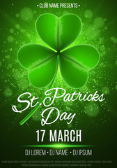 Poster for a Happy Saint Patrick's Day party. Green rays of light. Abstract bokeh lights and glowing dust. Luminous clover. Dark magic composition. Invitation to the club. Vector illustration