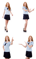 Obraz premium Young naughty student pressing virtual button isolated on white