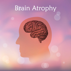 Brain atrophy. Blurred pink background. Silhouette of head.