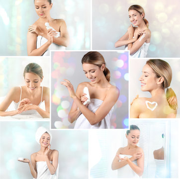 Collage with young women applying body cream onto skin