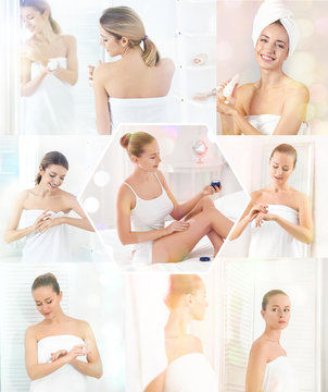 Collage with young women applying body cream onto skin