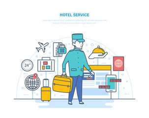 Online hotel reservation, room in hotel. Services for delivery luggage.