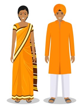 Set of standing together indian man and woman in the traditional clothing isolated on white background in flat style. Differences people in the east dress. Vector illustration.
