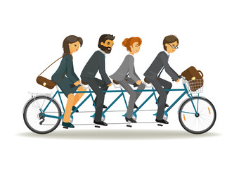 Businessmen and business women riding tandem bicycle together. Business teamwork concept. Vector illustration on white background.