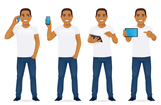 Man with gadgets in different poses vector collection illustration