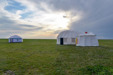 Fototapeta na wymiar traditional Kalmyk (Mongol) yurts in green spring steppe at sunset Manych-Gudilo, Kalmykia