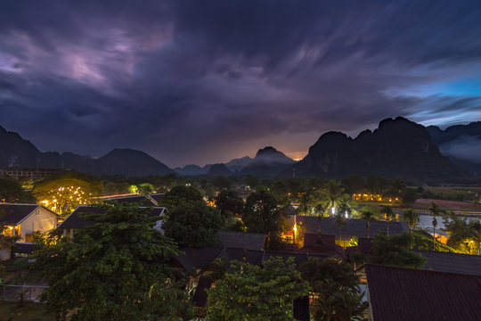 Landscape and viewpoint at night scene in Vang vieng, Laos.