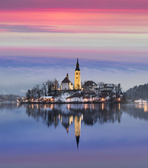 Fototapeta na wymiar Amazing sunset at the lake Bled in winter, Slovenia.