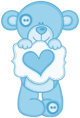 Blue teddy bear holding message with heart