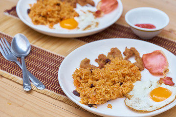 Homemade food on white plate,American fried rice is a Thai fried rice dish with 