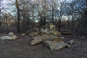 Stones in the city park on a sunny evening in February