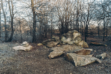 Stones in the city park on a sunny evening in February