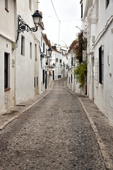 One of the streets of the beautiful old town Altea, located in the Costa Blanca of Spain. White houses with flowers