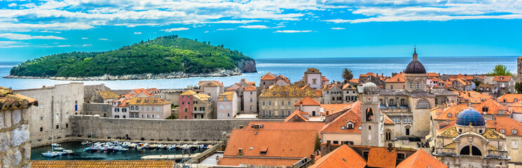 Panorama cityscape Dubrovnik coast. / Panorama of amazing historical town Dubrovnik, famous tourist resort in Southern Europe, croatian landmarks view.