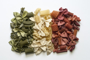 Assorted multicolored pasta in the form of an Italian flag