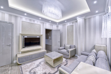 Modern design interior of living room in a luxury apartment in gray and white tones.