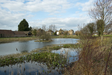 Obraz premium The village green, reputedly the longest in England, in spring sunshine, Frampton on Severn, Gloucestershire, UK