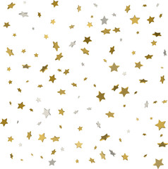 Gold star confetti rain festive holiday background. Vector golden paper foil stars falling down isolated on white background.