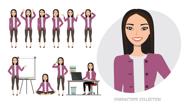 Set of emotions for asian business woman.