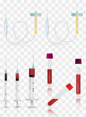 Realistic medical supplies. For blood collection set, for short term, laboratory test-tubes and syringes. Vector illustration on transparent background.