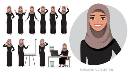 Set of emotions for arabic business woman.