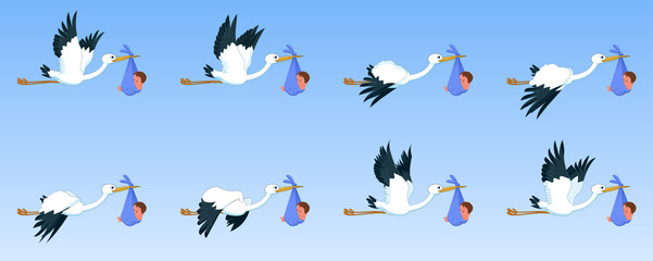 Storks with baby, animation sprite sheet,  flying animation, new born baby, baby girl, baby boy