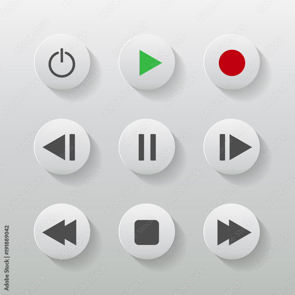 Poster symbol icon set media player control white round buttons.