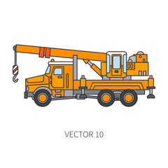 Obraz na płótnie Canvas Color flat vector icon construction machinery truck auto crane. Industrial style. Corporate cargo delivery lift. Commercial transportation. Building. Business. Engineering. Diesel. Illustration design