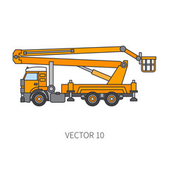 Color flat vector icon construction machinery truck auto crane. Industrial style. Corporate cargo delivery. Lift. Commercial transportation. Building business. Engineering. Diesel. Illustration design