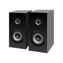 Obraz premium Realistic black loudspeakers perspective view. Vector. Speaker sign.