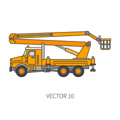 Color flat vector icon construction machinery truck auto crane. Industrial style. Corporate cargo delivery. Lift. Commercial transportation. Building business. Engineering. Diesel. Illustration design